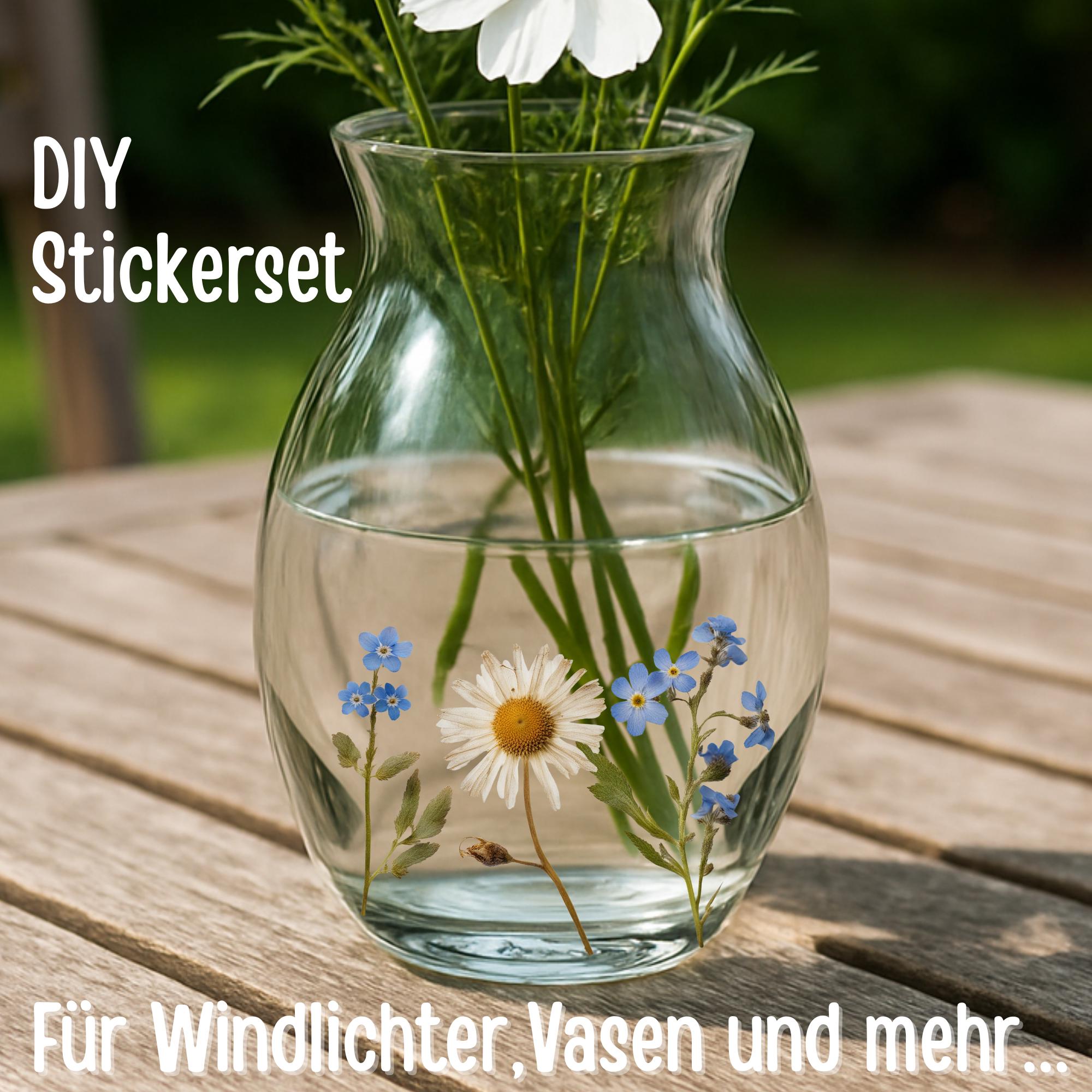 Sticker-Set Blumen – wasserfest & spülmaschinenfest – für Gläser, Windlichter, Vasen und DIY-Deko – Gänseblümchen und Vergissmeinnicht – Stickers