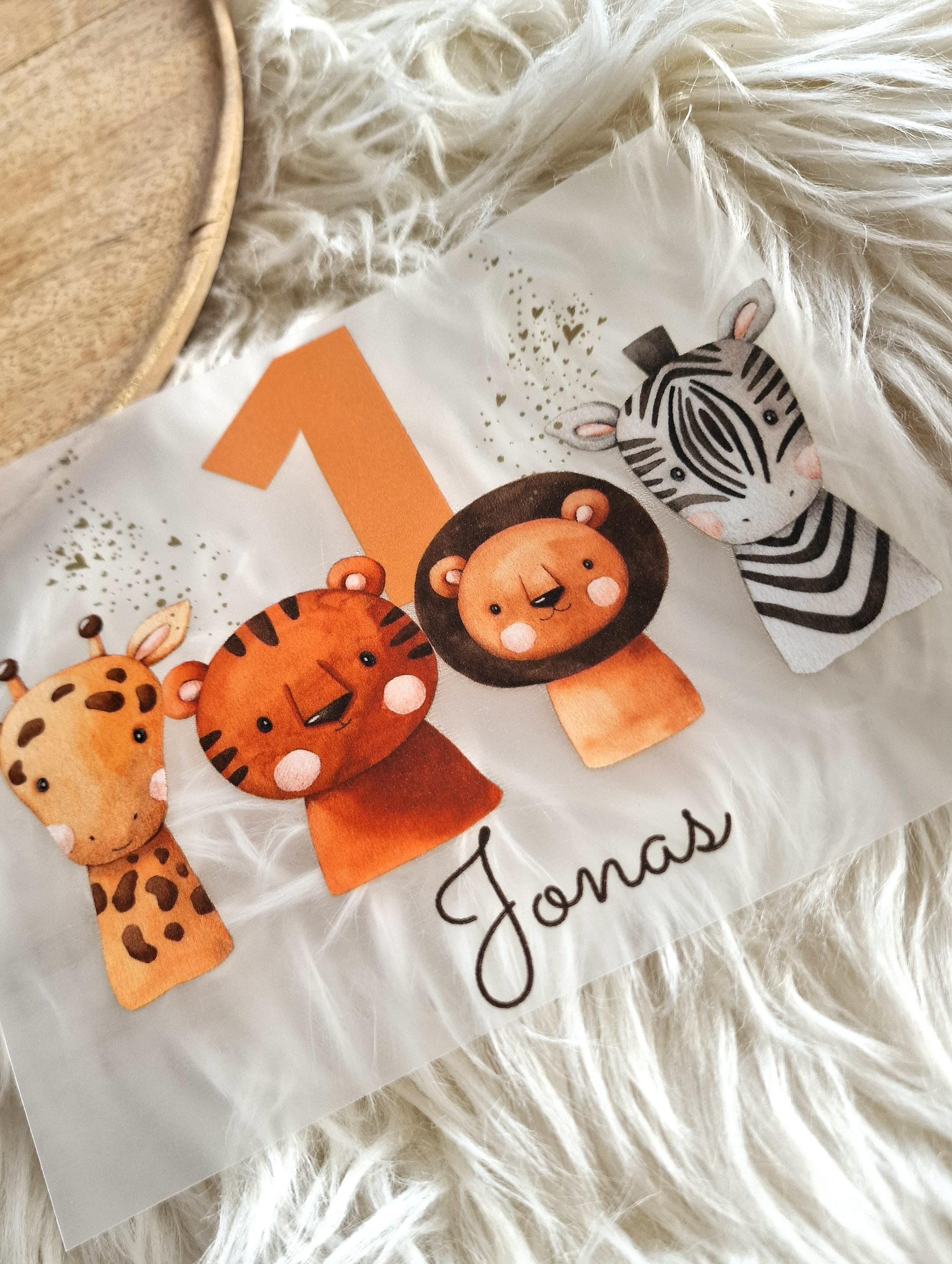 Bügelbild Safari personalisiert – Löwe, Giraffe, Zebra – mit Name & Alter – für Geburtstagsshirt – Dschungel geburtstag „Wild One“ – Appliques & Patches