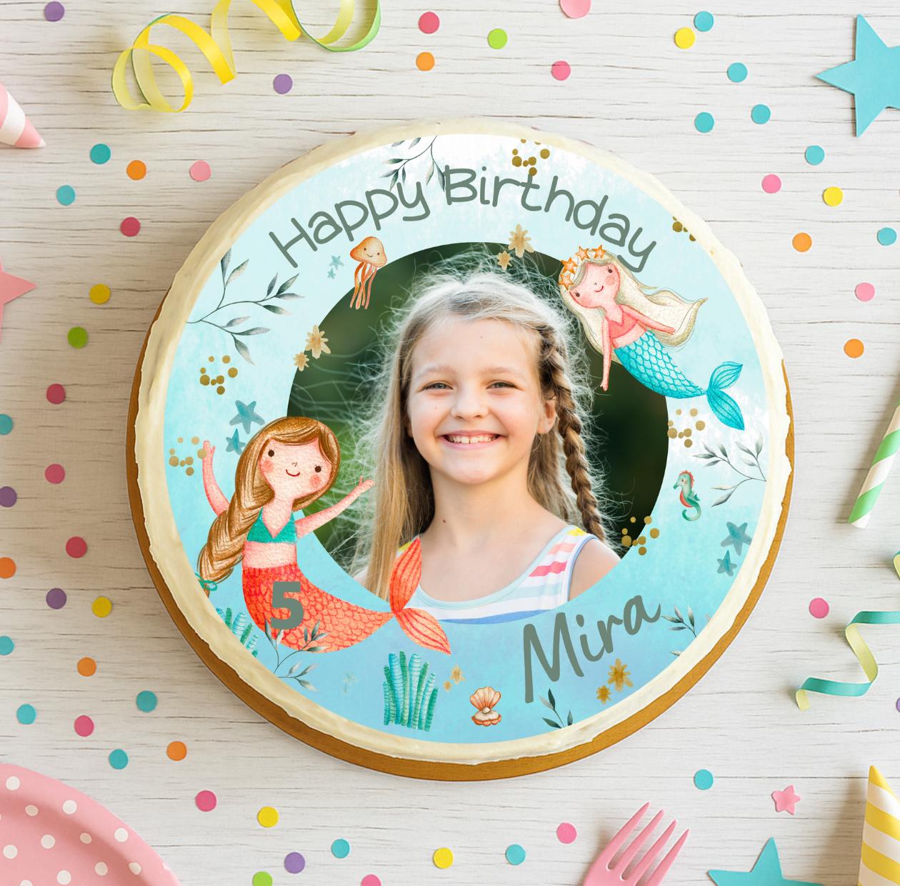 Tortenaufleger Meerjungfrau mit Foto – Fondantbild personalisiert – Geburtstag – rund 20 cm – Unterwasser-Motto – Party Decor