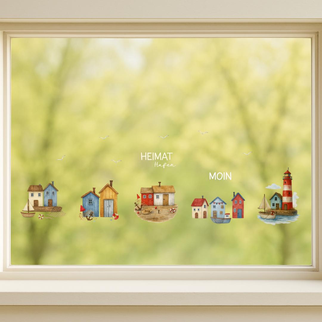 Fensterbild Strandhäuser Treibholzstil – ablösbar & wiederverwendbar – maritime Fensterdeko Leuchtturm Küstenhäuschen Deko Meer –