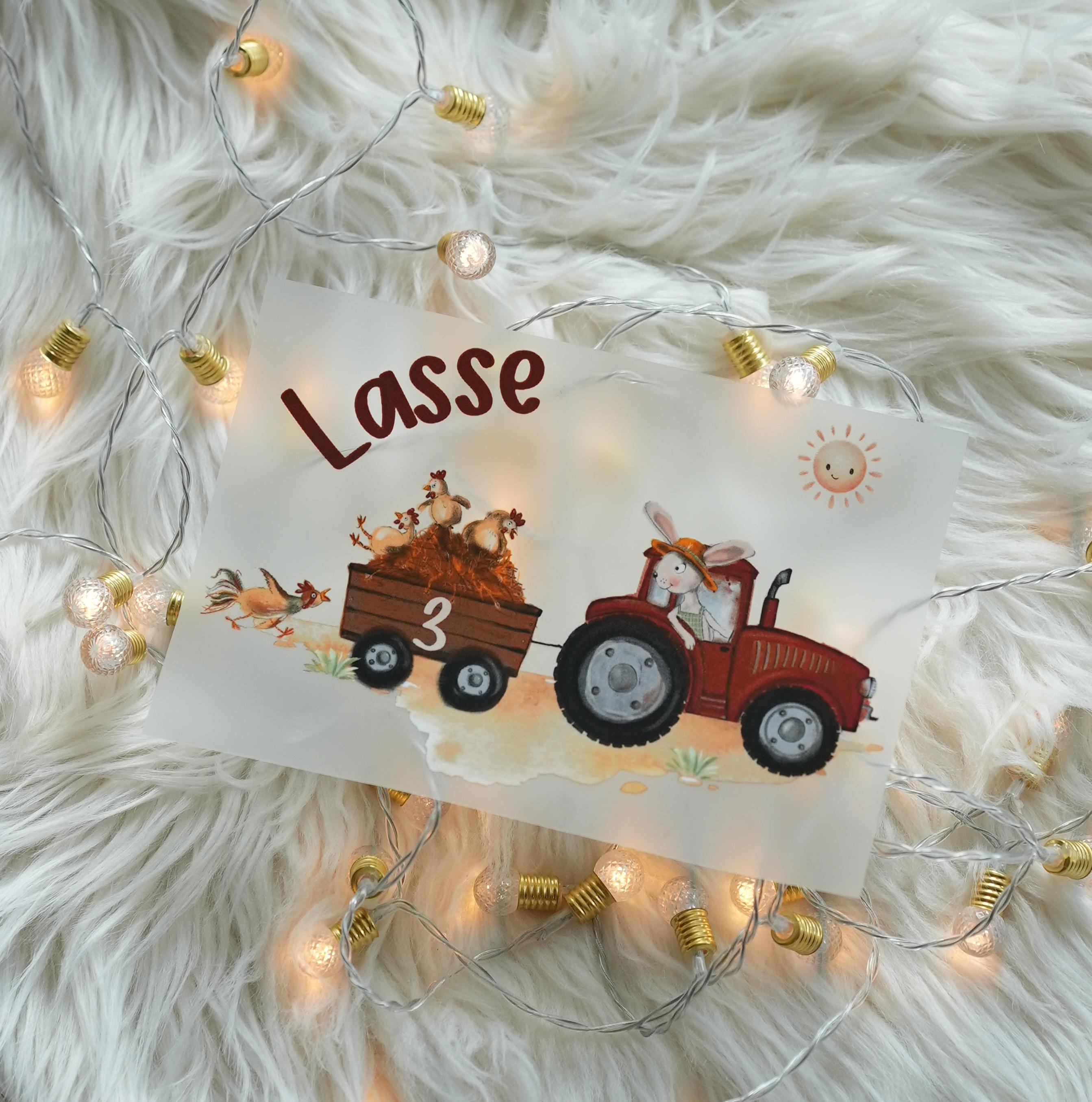 Bügelbild Traktor mit Anhänger – personalisiert mit Name & Zahl – Hühner und Hase – Bauernhof Aufbügler für geburtstag A4/A5 – Appliques & Patches