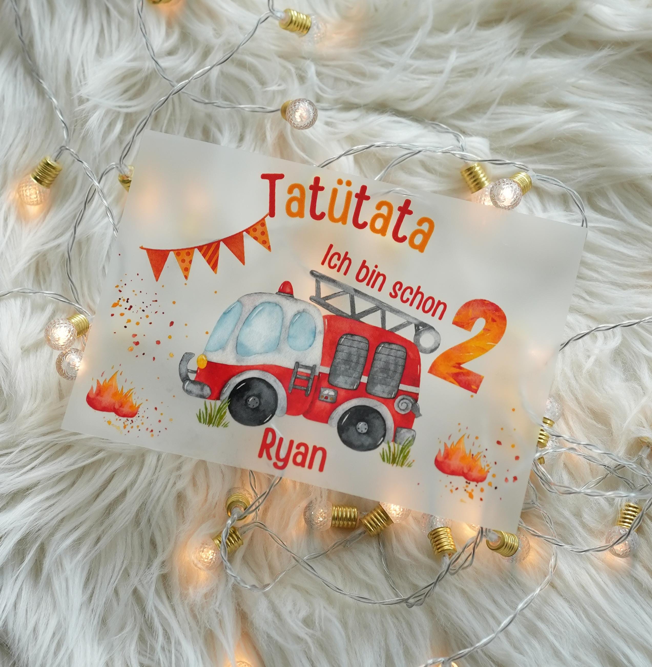 Bügelbild Tatütata Feuerwehr Geburtstag – mit Name & Zahl – Feuerwehrauto Motiv – personalisiert für – Appliques & Patches