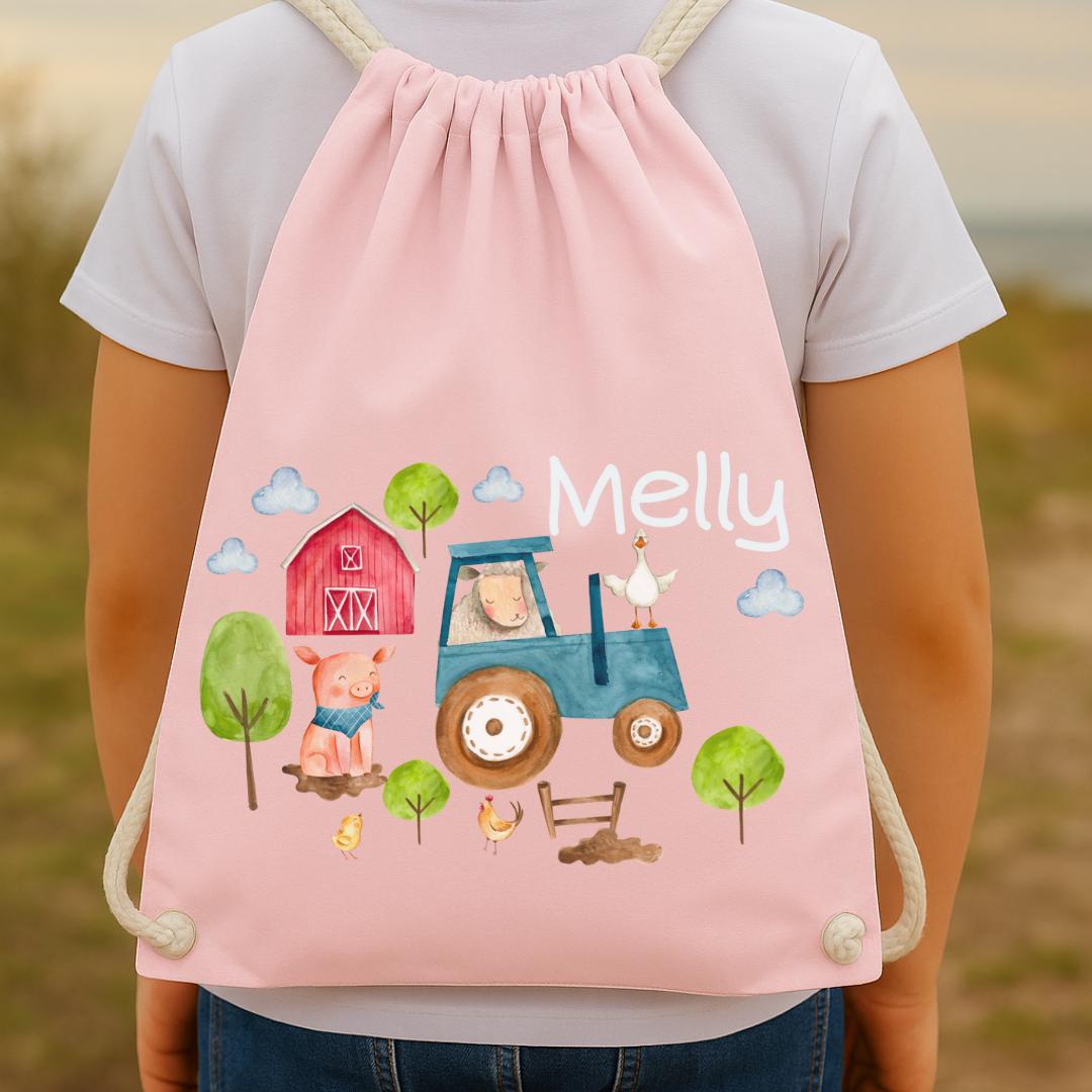 Turnbeutel mit Namen für – Bauernhof-Motiv personalisiert – Kita Tasche für Wechselwäsche aus Baumwolle – Team Sports & Gym Bags