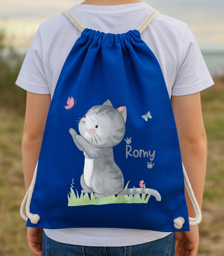 Turnbeutel Katze personalisiert – mit Namen – Schmetterling – Kita Tasche für Wechselwäsche – Team Sports & Gym Bags