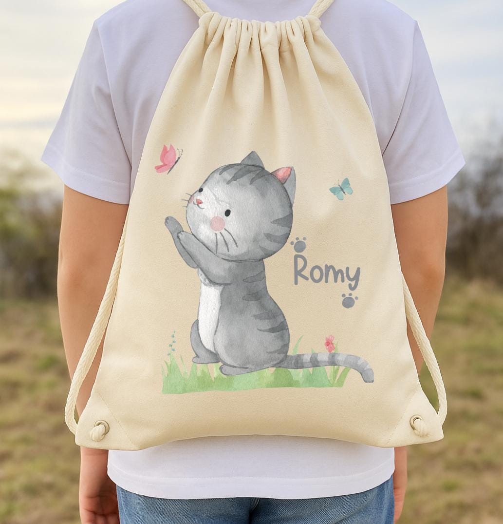 Turnbeutel Katze personalisiert – mit Namen – Schmetterling – Kita Tasche für Wechselwäsche – Team Sports & Gym Bags