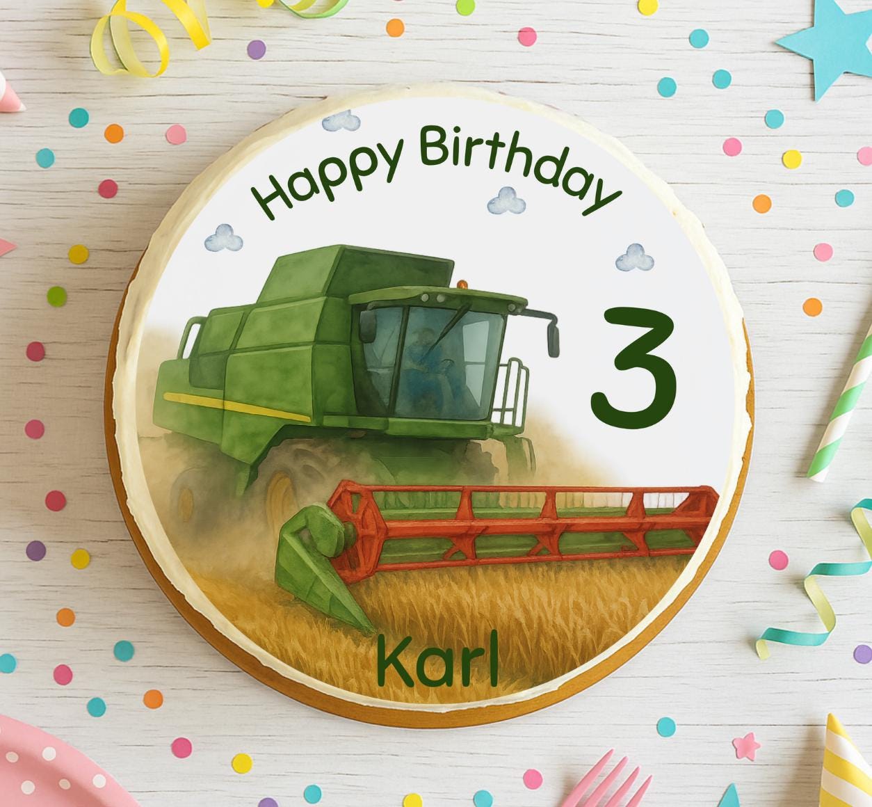 Mähdrescher Tortenaufleger mit Name & Zahl – Fondantbild für n – Erntemotiv Geburtstag – essbarer Aufleger – Party Decor