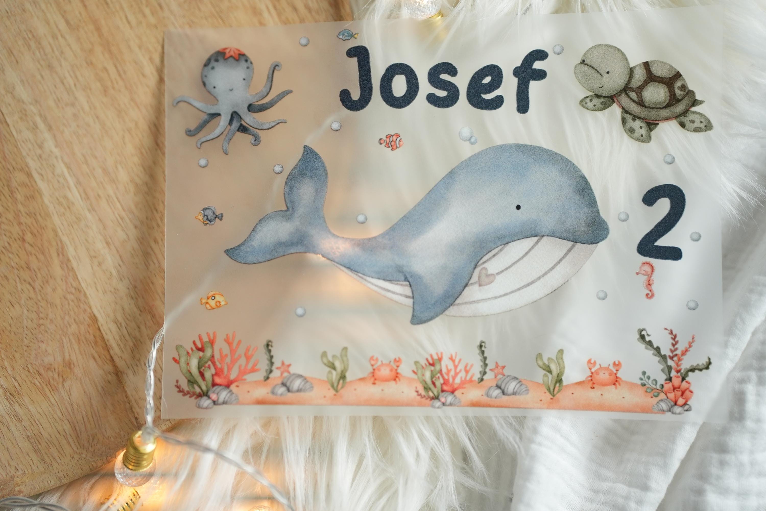 Bügelbild Wal Meerestiere – personalisiert mit Name & Alter – Geburtstagsshirt – Unterwasser Motiv – DIY Aufbügler A5 A4 – Appliques & Patches