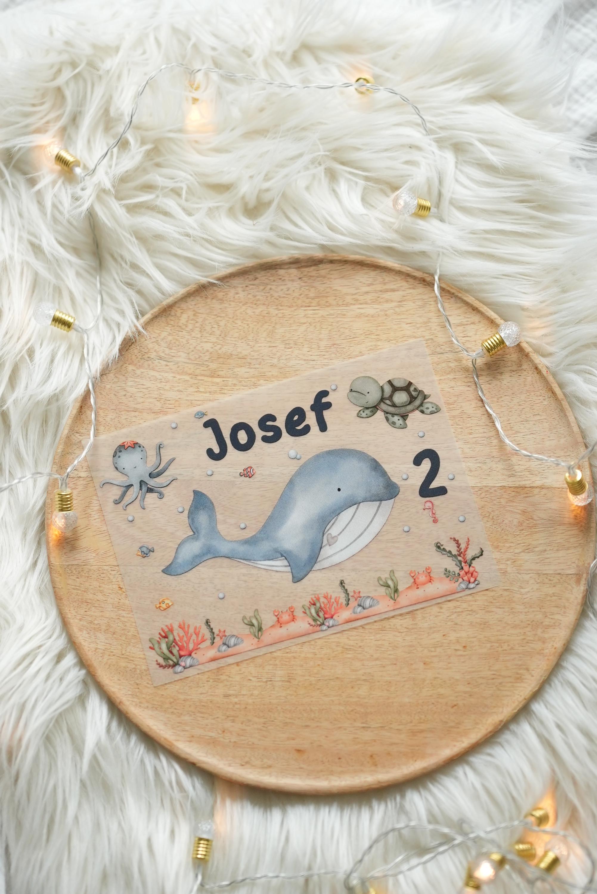 Bügelbild Wal Meerestiere – personalisiert mit Name & Alter – Geburtstagsshirt – Unterwasser Motiv – DIY Aufbügler A5 A4 – Appliques & Patches