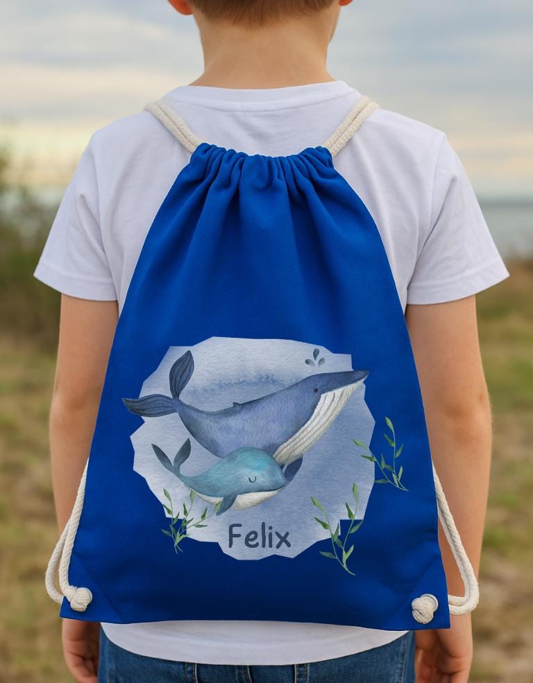 Turnbeutel Wal mit Name – personalisiert – für – Kita Tasche zur Einschulung – Wechselwäschebeutel garten – Team Sports & Gym Bags