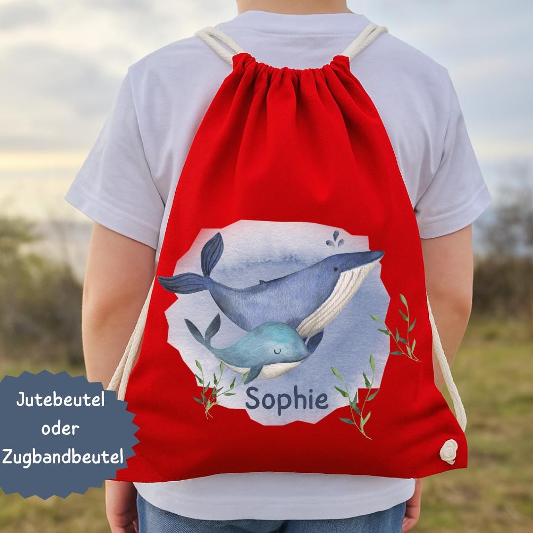 Turnbeutel Wal mit Name – personalisiert – für – Kita Tasche zur Einschulung – Wechselwäschebeutel garten – Team Sports & Gym Bags