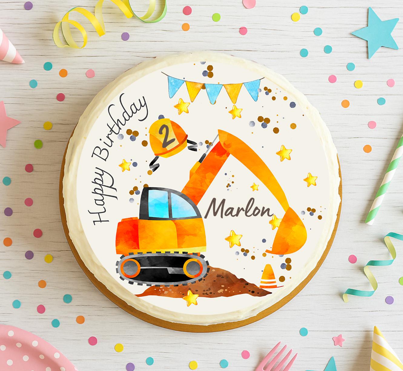 Tortenaufleger Bagger – personalisiert mit Name & Alter – für geburtstag – Baustellen-Motiv – Party Decor