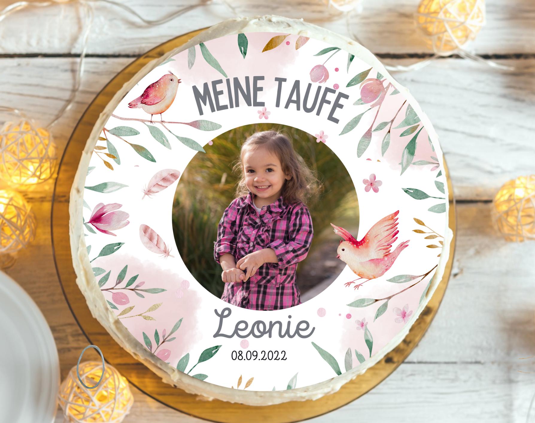 Tortenaufleger Taufe oder Kommunion – mit Foto & Name – Lebensbaum – rosa – personalisiert Fondant essbar – Party Decor