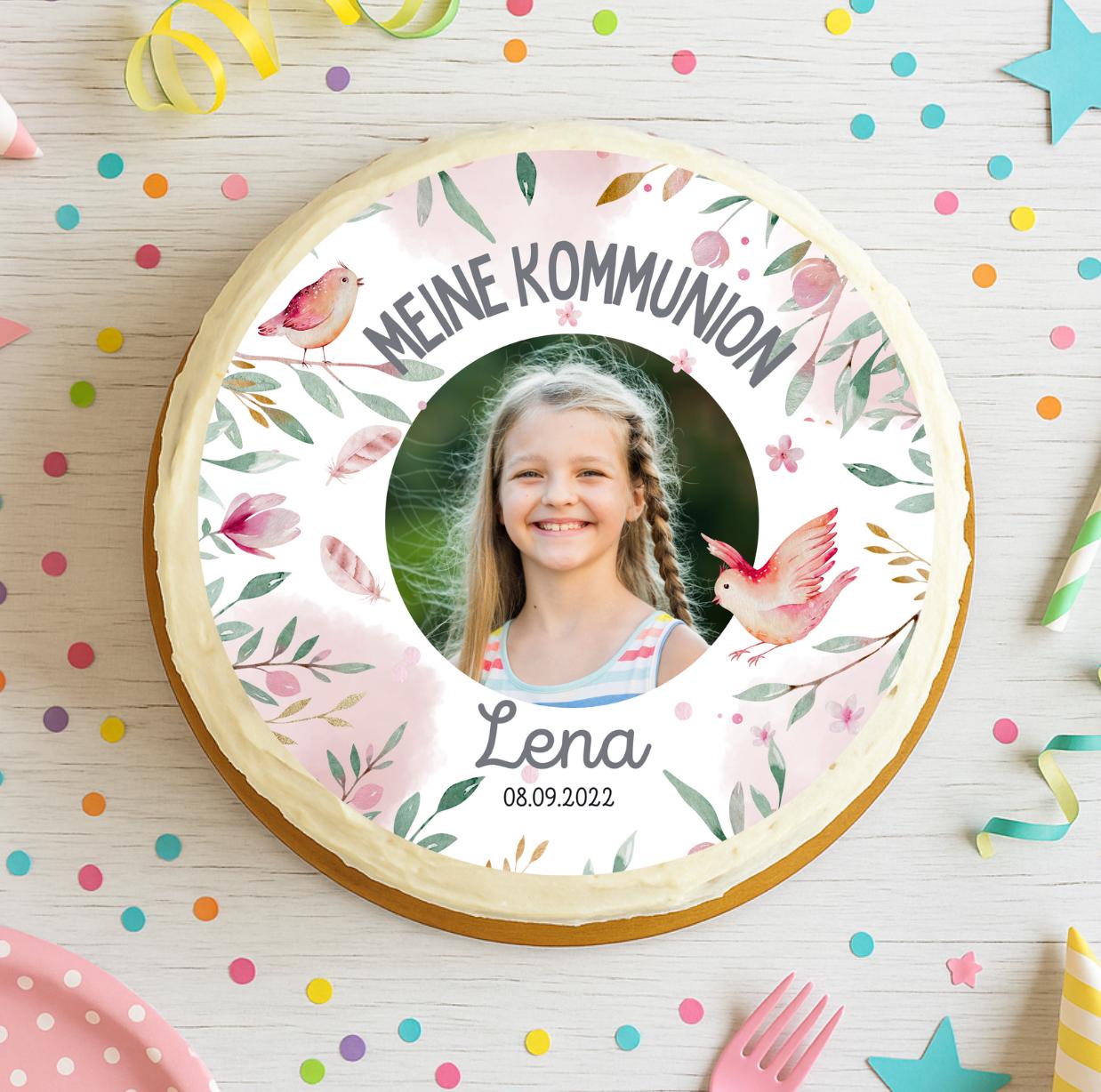 Tortenaufleger Taufe oder Kommunion – mit Foto & Name – Lebensbaum – rosa – personalisiert Fondant essbar – Party Decor