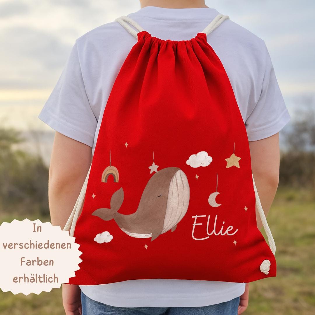 Turnbeutel Jutebeutel Jutetasche mit Namen Beutel für Wechselwäsche personalisiert Boho Wal Regenbogen – Team Sports & Gym Bags