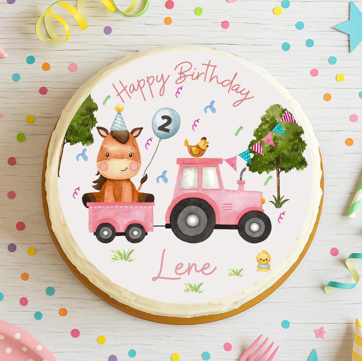 Tortenaufleger rosa Traktor personalisiert – mit Pferd – Fondant geburtstag – Mottoparty Bauernhof – Party Decor
