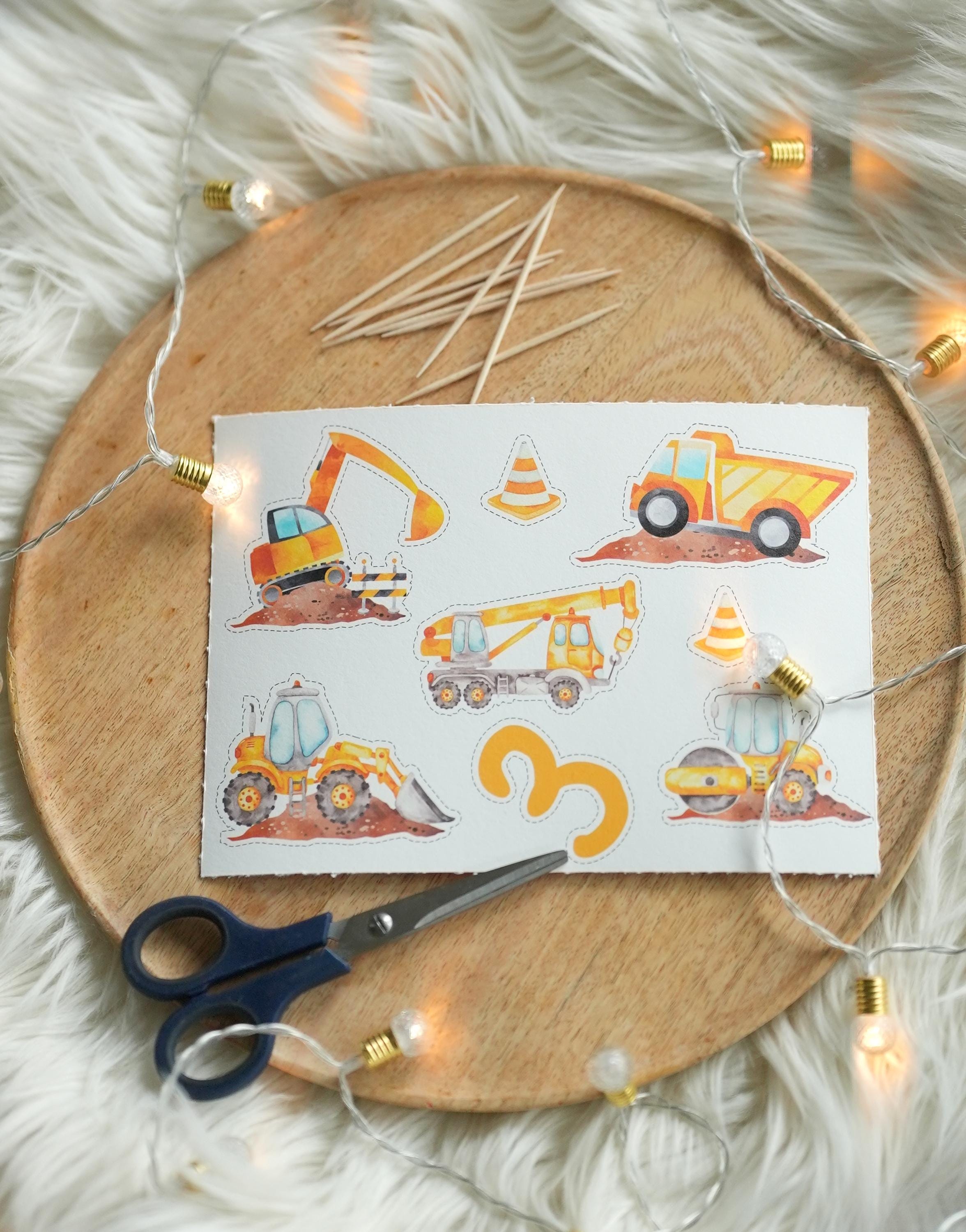 DIY Caketopper Baustelle – Bastelset mit Bagger, Radlader, Kran – hochwertiger A5 Druck zum Ausschneiden – für geburtstag & Muffins – Party Decor