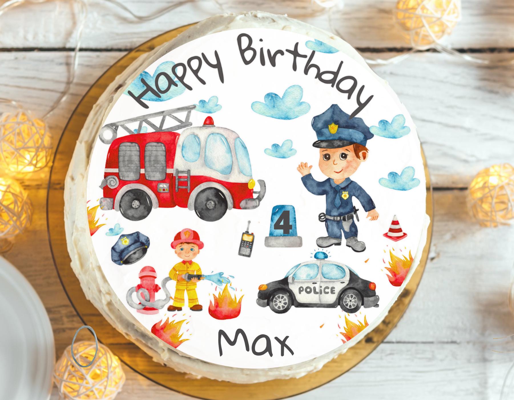 Tortenaufleger Polizei Feuerwehr – personalisiert mit Name & Alter – Fondant Ø20 cm – geburtstag Fahrzeuge Deko essbar – Party Decor