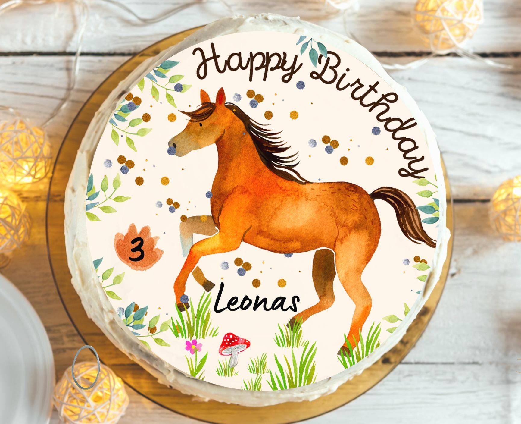 Tortenaufleger Pferd Naturstil – personalisiert mit Name & Zahl – Fondantbild für Geburtstag – essbar – oder unisex – Ø 20 cm – Party Decor