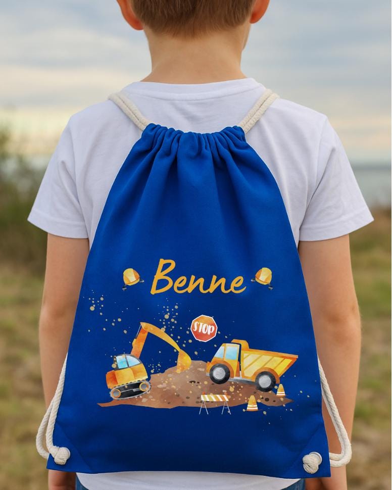 mit Namen – Bagger & Radlader Motiv – personalisiert – Turnbeutel Baustelle – Kita und Einschulung n – Baumwolle – Team Sports & Gym Bags