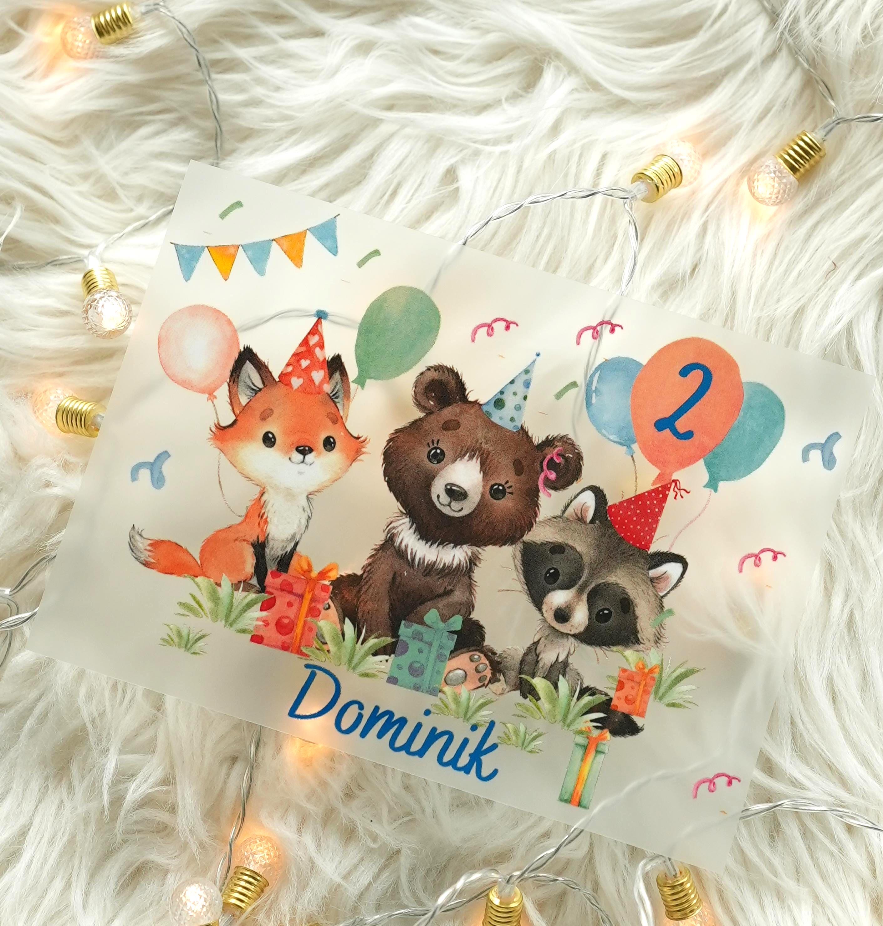 Bügelbild Waldtiere mit Name & Alter – personalisiert – Fuchs Bär Waschbär – Geburtstagsshirt – A4/A5 – Appliques & Patches