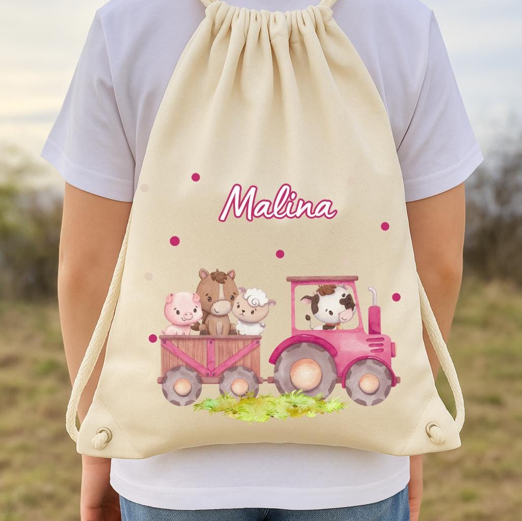 Turnbeutel rosa Traktor mit Tieren – personalisiert mit Namen – Geschenk für – gartentasche Bauernhof Style – Team Sports & Gym Bags