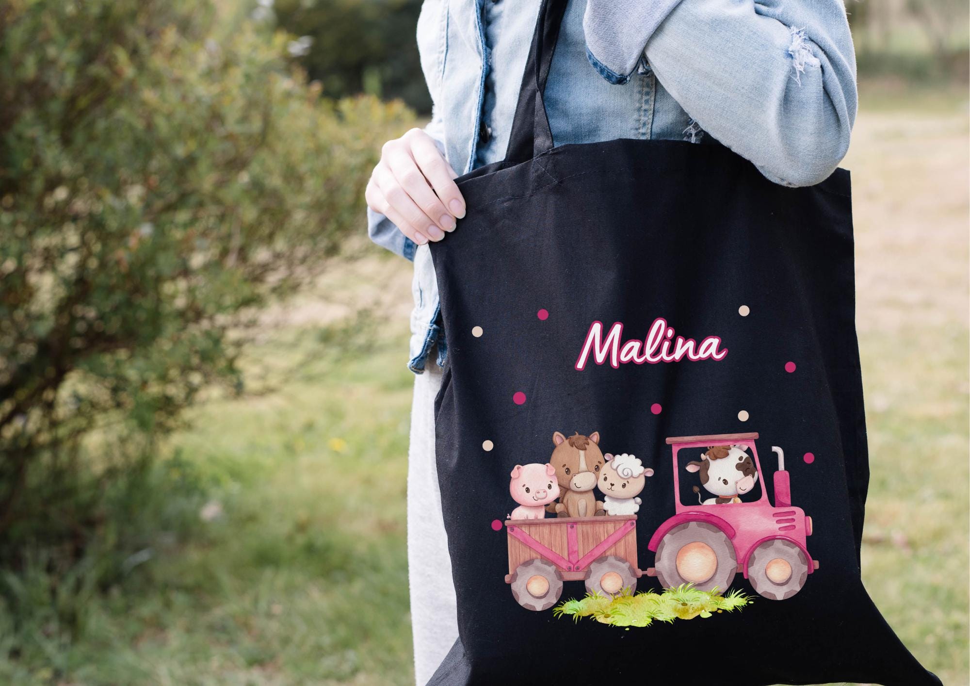 Turnbeutel rosa Traktor mit Tieren – personalisiert mit Namen – Geschenk für – gartentasche Bauernhof Style – Team Sports & Gym Bags