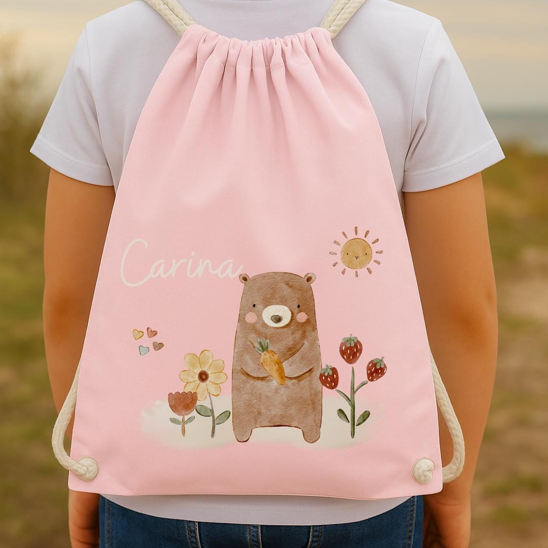 Turnbeutel mit Namen Bär – garten Wechselwäschebeutel – personalisierte Tasche Waldtiere – Geschenk Kita Start – Team Sports & Gym Bags