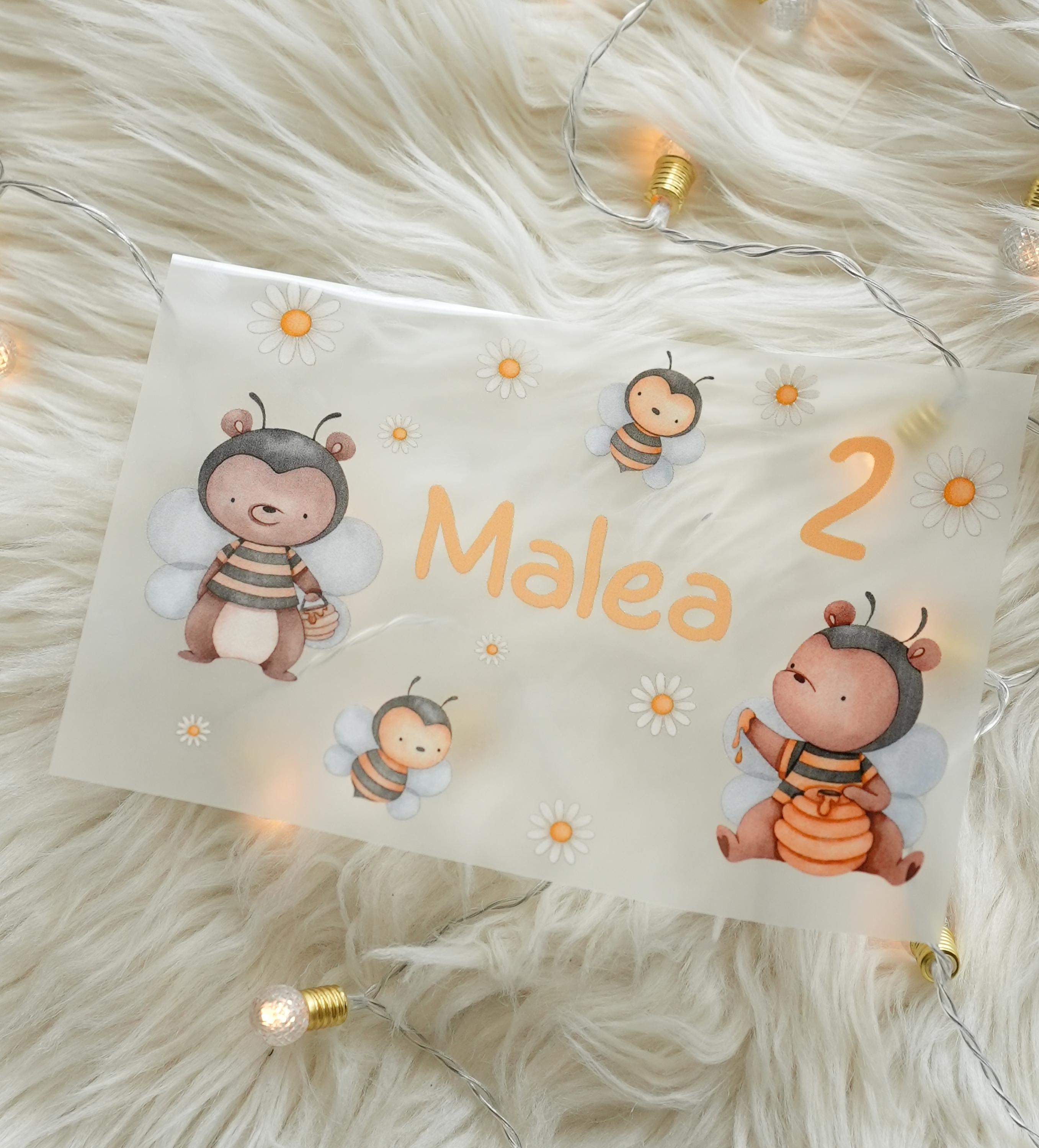 Bügelbild Biene mit Gänseblümchen – personalisiert mit Name & Zahl – Geburtstagsshirt – Aufbügler– geburtstag Motiv – Appliques & Patches