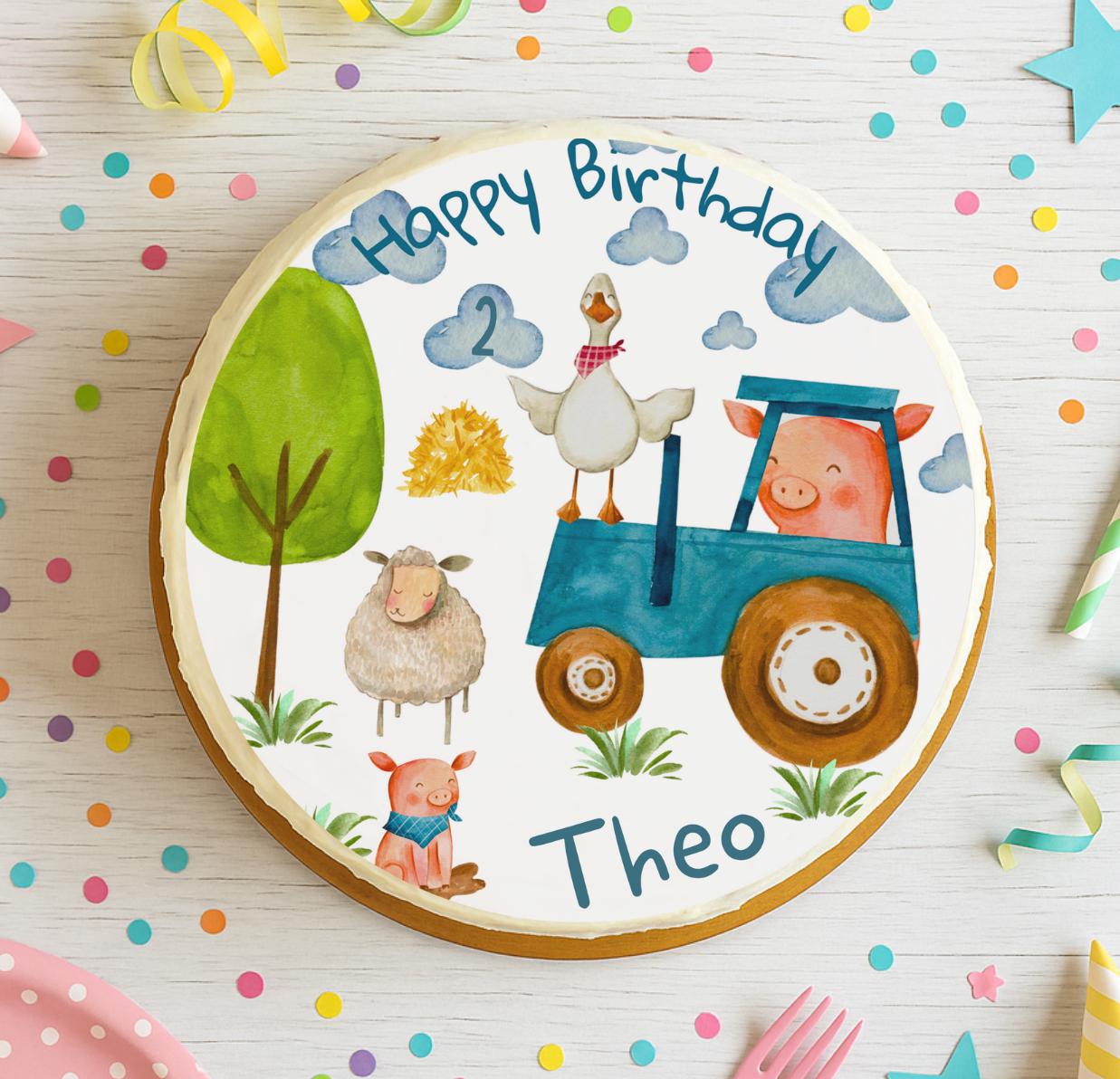 Tortenaufleger blauer Traktor – personalisiert mit Name & Alter – Bauernhoftiere – essbar – Ø 20 cm – Fondantbild Geburtstag – Party Decor