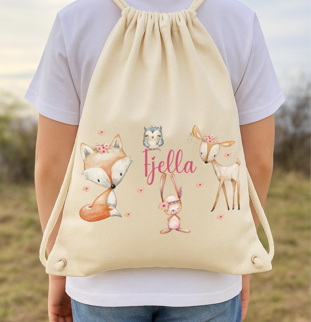 Waldtiere Turnbeutel mit Namen – Rosa Beutel Kita – Reh Fuchs Hase Eule – Geschenk Einschulung personalisiert – Team Sports & Gym Bags