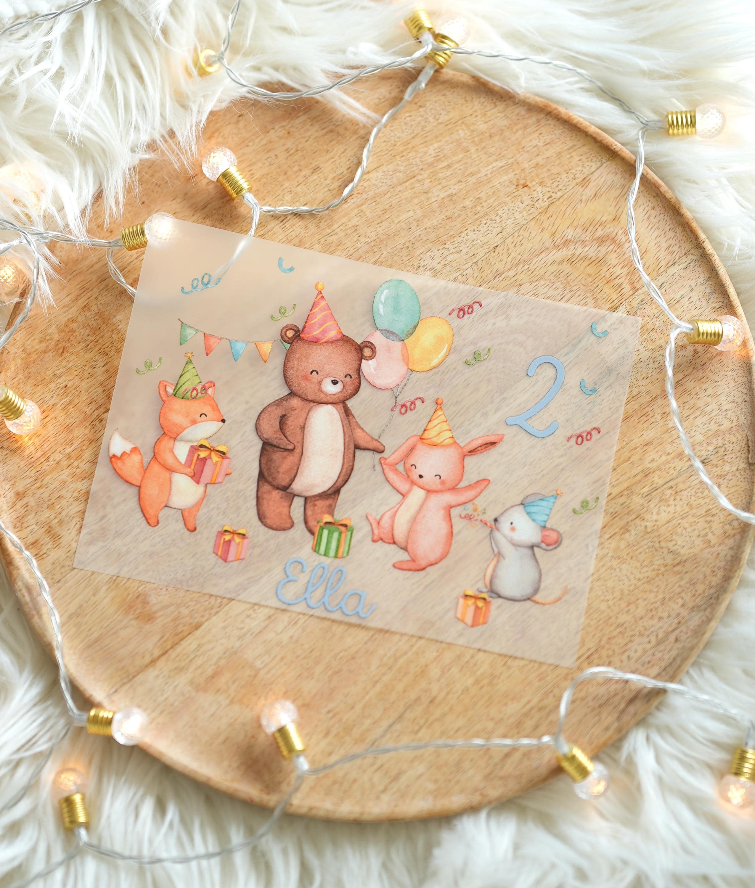 Bügelbild Waldtiere Geburtstag – personalisiert mit Name & Zahl – Geburtstagsshirt – Partytiere Bär Fuchs Hase – A4 oder A5 – Appliques & Patches