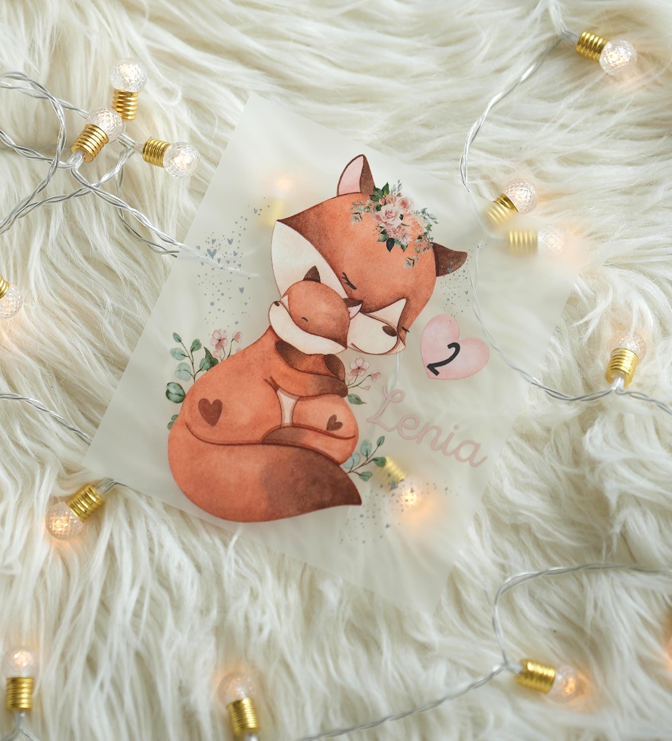 Bügelbild Fuchs Mama & Baby – personalisiert mit Name und Zahl – Geburtstagsshirt – Waldtiere Bügelmotiv A4 oder A5 – Appliques & Patches