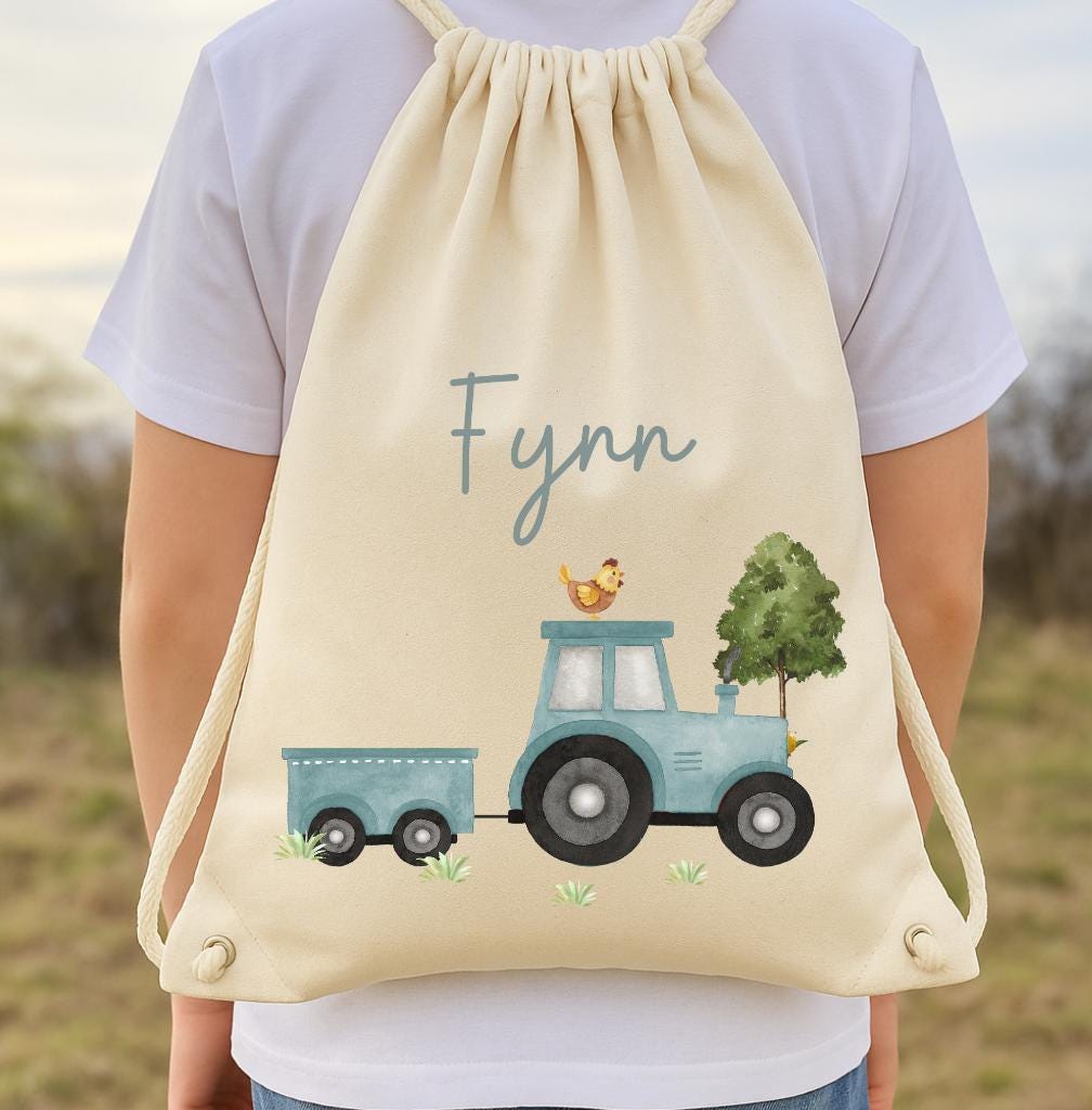 Turnbeutel Traktor mit Name – personalisiert für n – Kita-Beutel für Wechselwäsche – Geschenk zum gartenstart – Baumwolle – Team Sports & Gym Bags