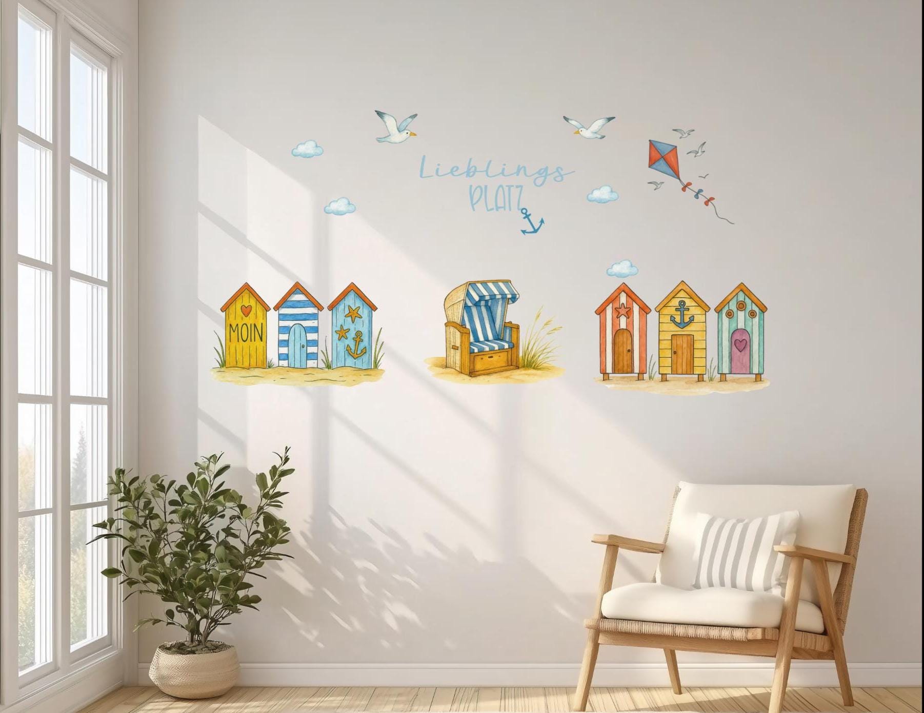 Wandtattoo Lieblingsplatz – maritimes Strandhäuschen-Motiv mit Strandkorb & Möwen – Küstenstil Deko für Flur, Bad, Wohnzimmer – Wall Decals & Murals