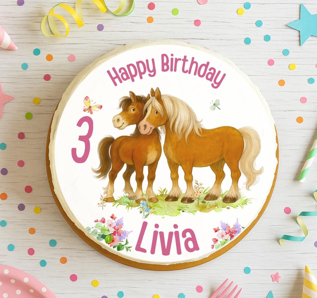 Tortenaufleger mit zwei Pferden – personalisiert mit Name & Zahl – Fondantbild Geburtstag – essbar – Ø 20 cm – Party Decor