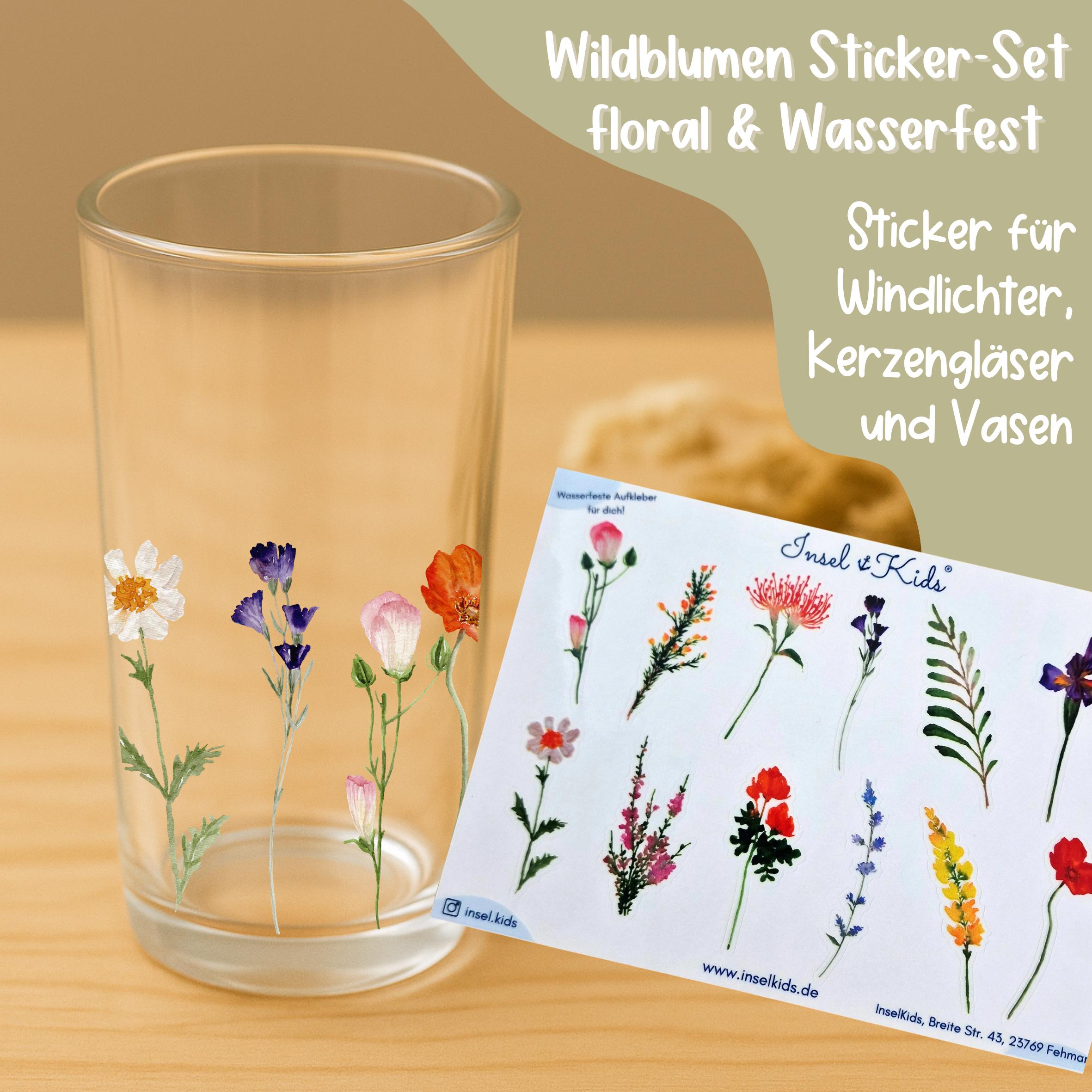 Wildblumen Sticker Set – wasserfest & spülmaschinenfest – Vinyl Aufkleber Boho Blumen – für Glas, Flasche, Brotdose und als Geschenk – Stickers