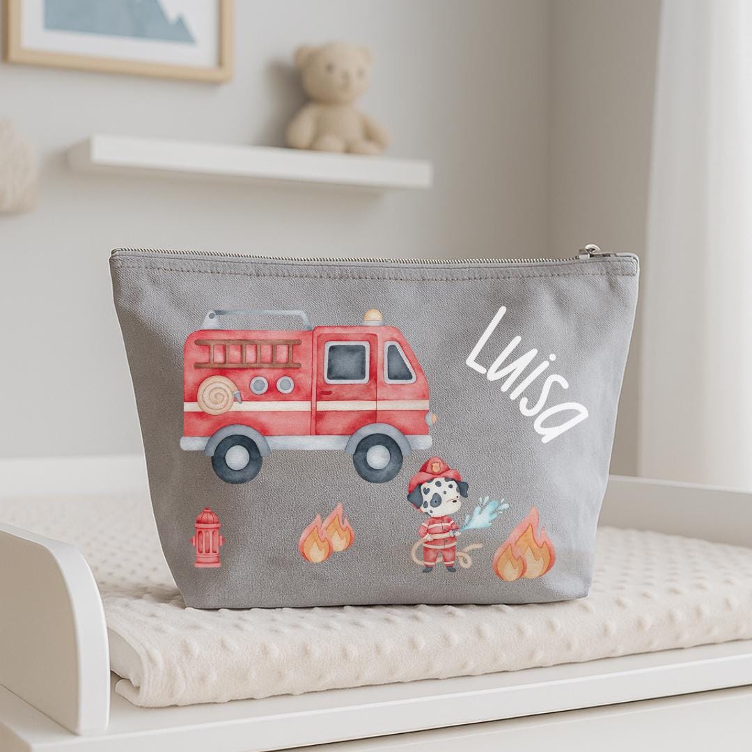 Wickeltasche mit Name personalisiert – Feuerwehr Tasche für – Geschenk zur Geburt – Windeltasche mit Feuerwehrauto – Diaper Caddies