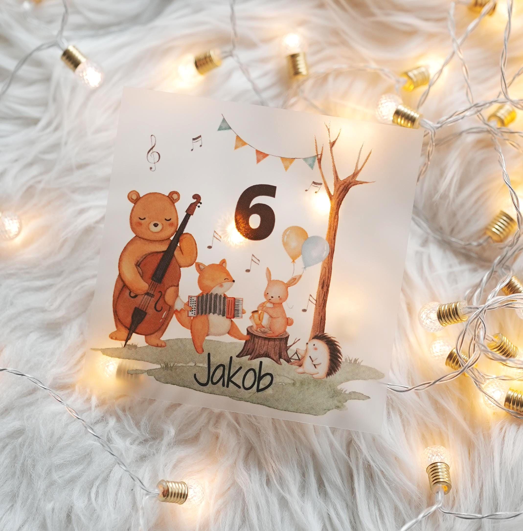Bügelbild Waldtiere mit Musik – personalisiert mit Name & Zahl – Geburtstagsshirt Fuchs Hase Bär – A4 oder A5 für bunte Stoffe – Appliques & Patches