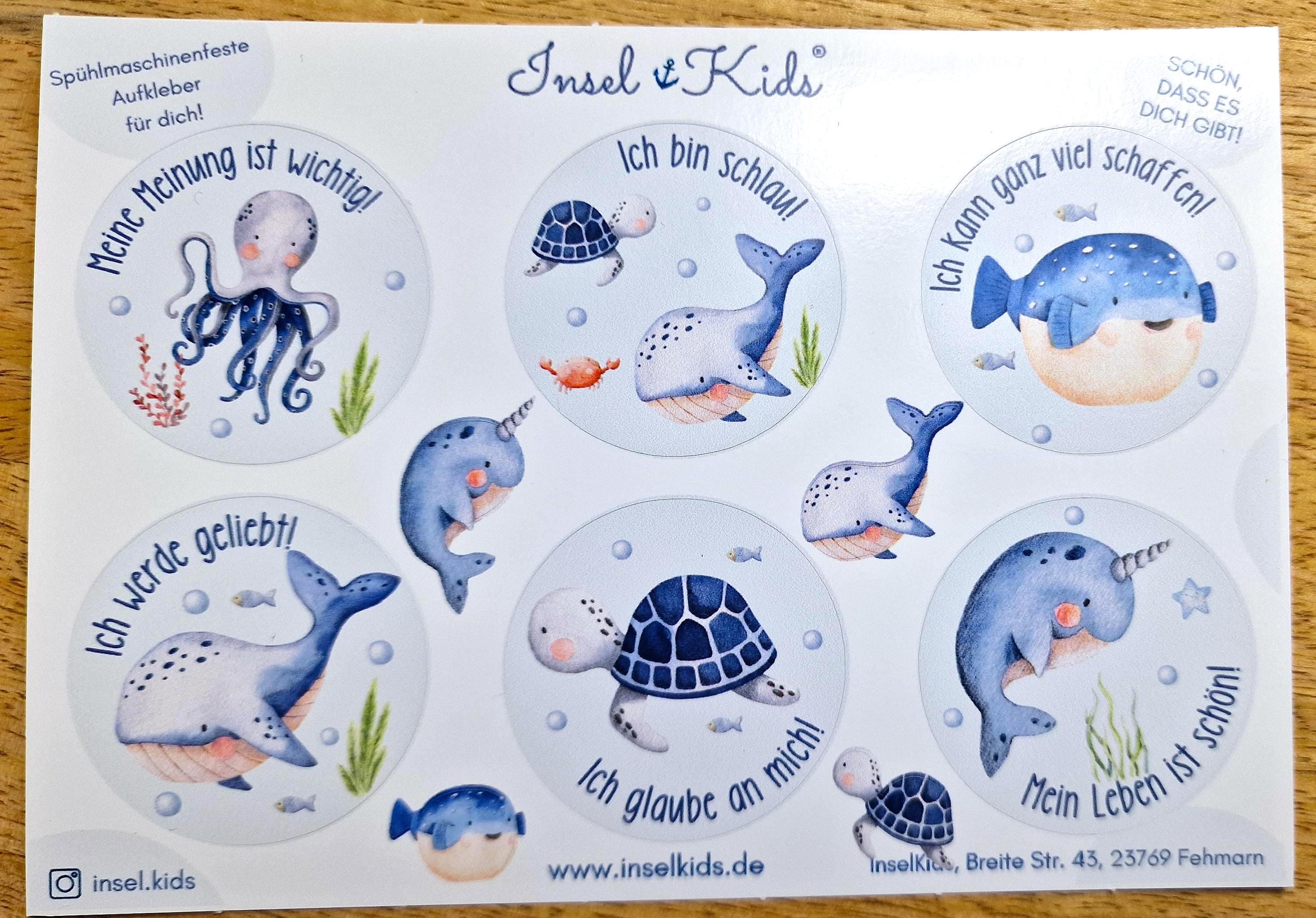 Affirmations-Sticker – wasserfest & spülmaschinenfest – für Brotdose, Flasche, Schulstart – Wal, Krake, Meerestiere, Einschulung – Stickers