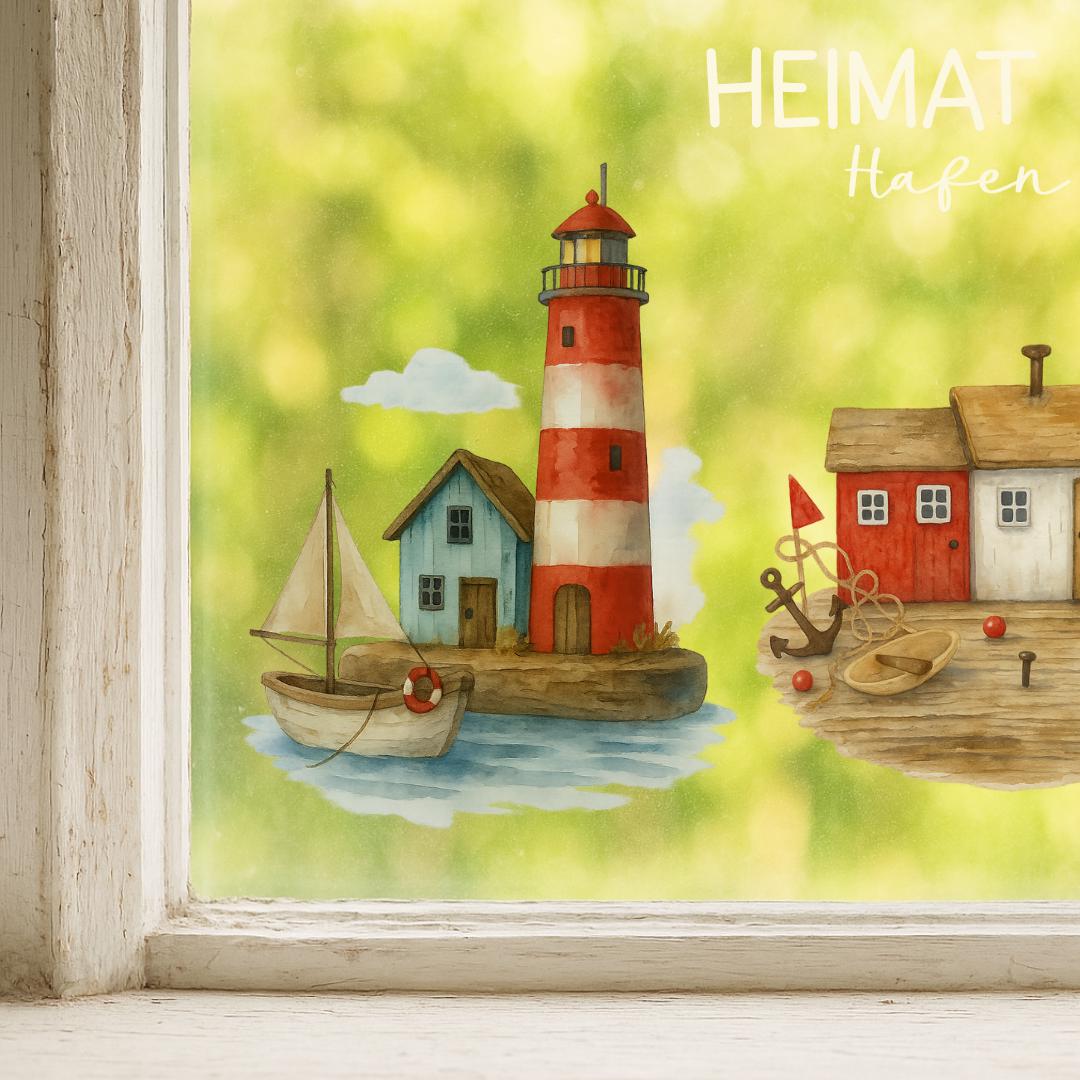 Fensterbild Strandhäuser Treibholzstil – ablösbar & wiederverwendbar – maritime Fensterdeko Leuchtturm Küstenhäuschen Deko Meer –