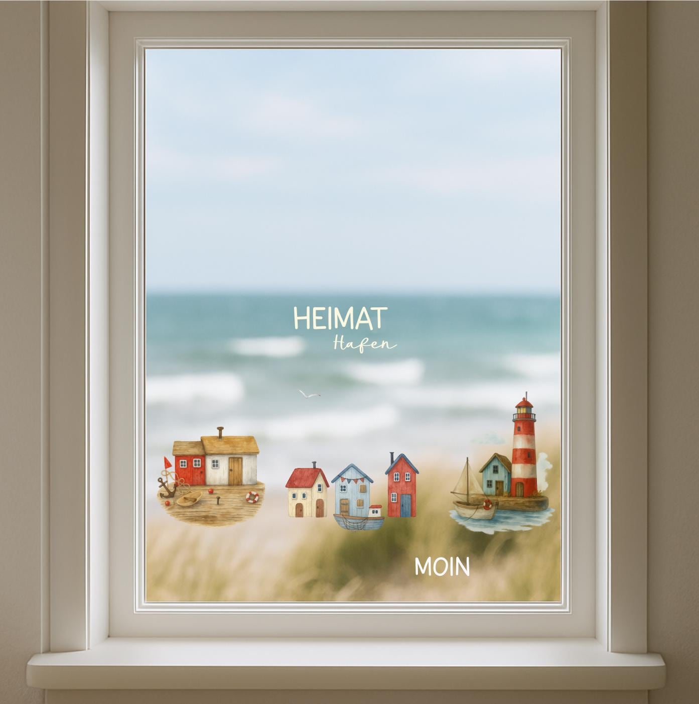 Fensterbild Strandhäuser Treibholzstil – ablösbar & wiederverwendbar – maritime Fensterdeko Leuchtturm Küstenhäuschen Deko Meer –