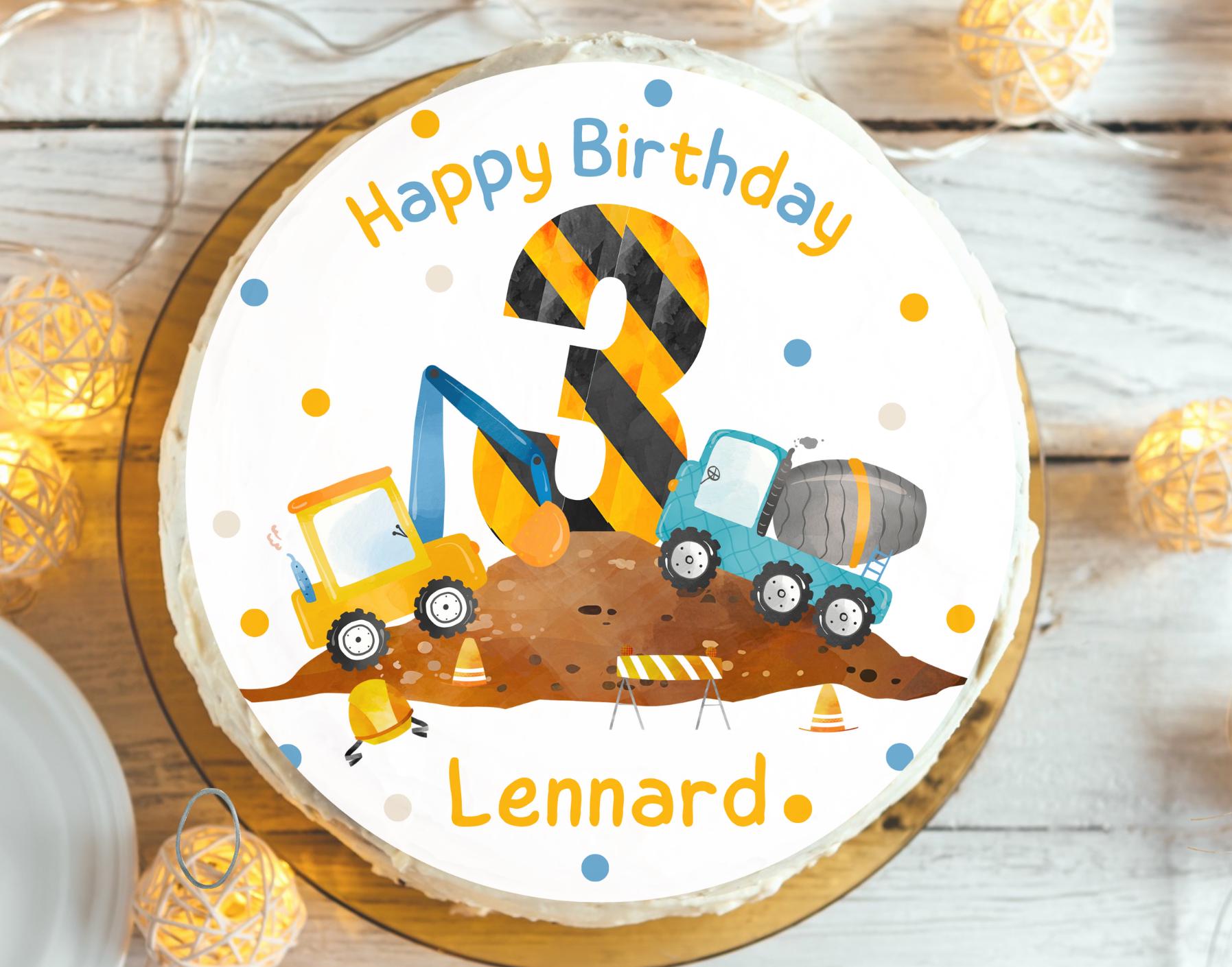 Tortenaufleger Bagger zum 2. Geburtstag – personalisiert mit Name & Zahl – Baustellenparty Deko – Fondantbild n – Party Decor