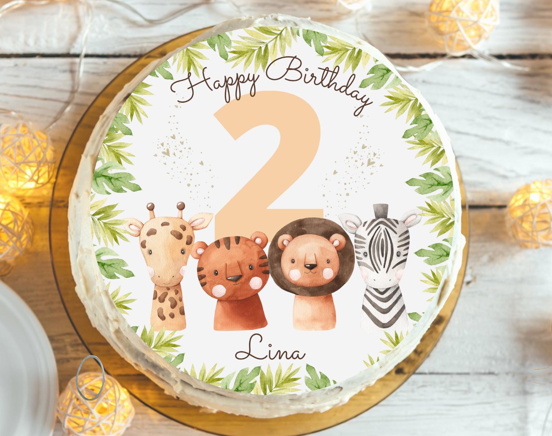 Boho Tortenaufleger Safari – personalisiert mit Name & Zahl – Dschungeltiere Geburtstag – Fondantbild für – Löwe, Giraffe, Zebra – Party Decor