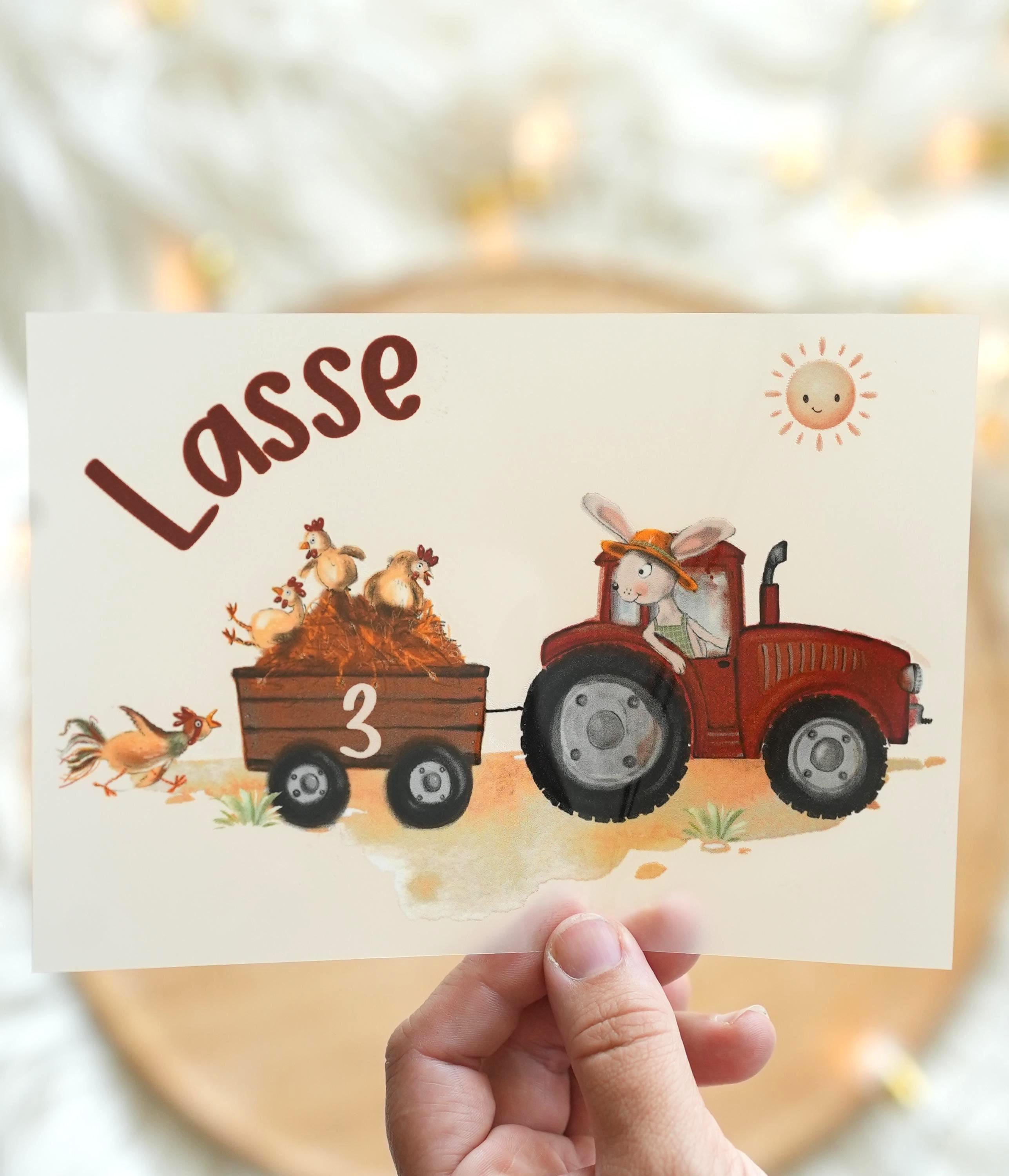 Bügelbild Traktor mit Anhänger – personalisiert mit Name & Zahl – Hühner und Hase – Bauernhof Aufbügler für geburtstag A4/A5 – Appliques & Patches