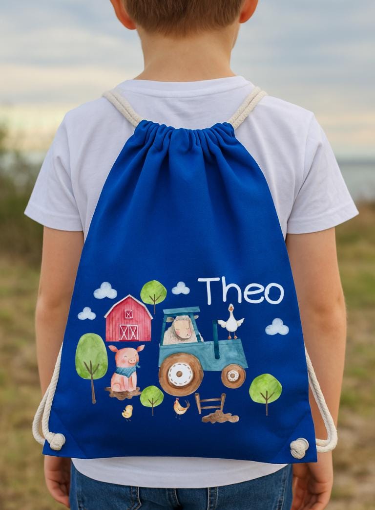 Turnbeutel mit Namen für – Bauernhof-Motiv personalisiert – Kita Tasche für Wechselwäsche aus Baumwolle – Team Sports & Gym Bags