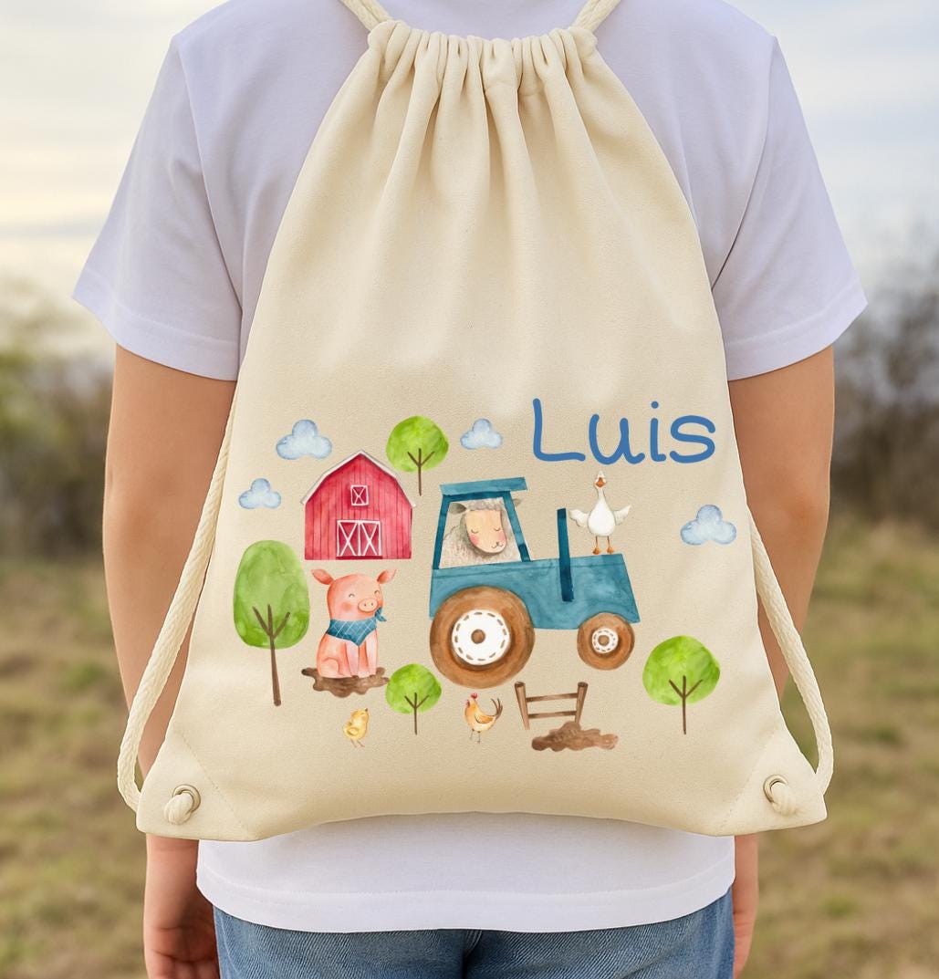 Turnbeutel mit Namen für – Bauernhof-Motiv personalisiert – Kita Tasche für Wechselwäsche aus Baumwolle – Team Sports & Gym Bags