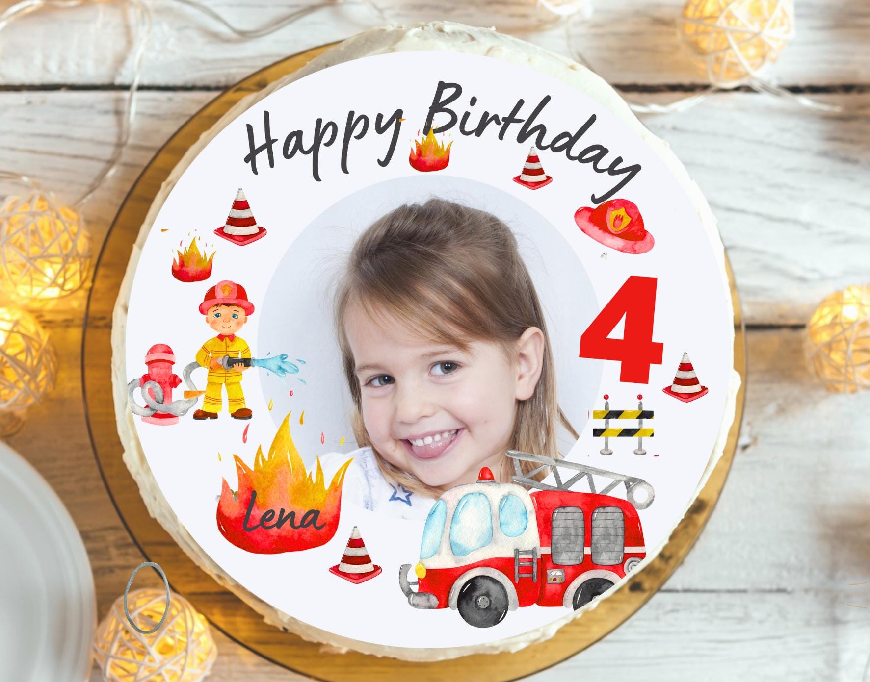 Tortenaufleger Feuerwehr mit Foto – personalisiert mit Name & Bild – Fondant- für geburtstag – n und – Party Decor