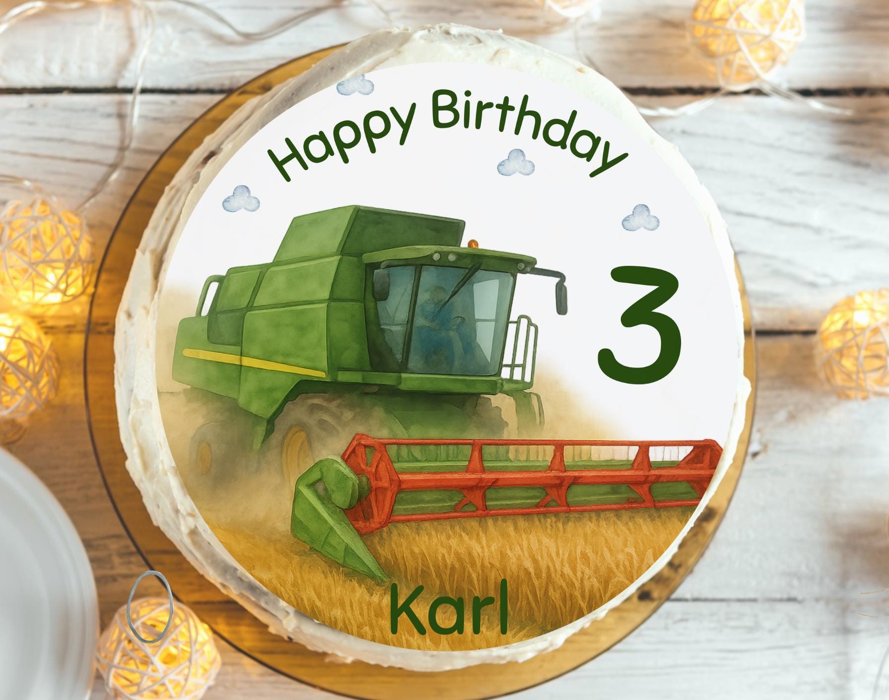 Mähdrescher Tortenaufleger mit Name & Zahl – Fondantbild für n – Erntemotiv Geburtstag – essbarer Aufleger – Party Decor