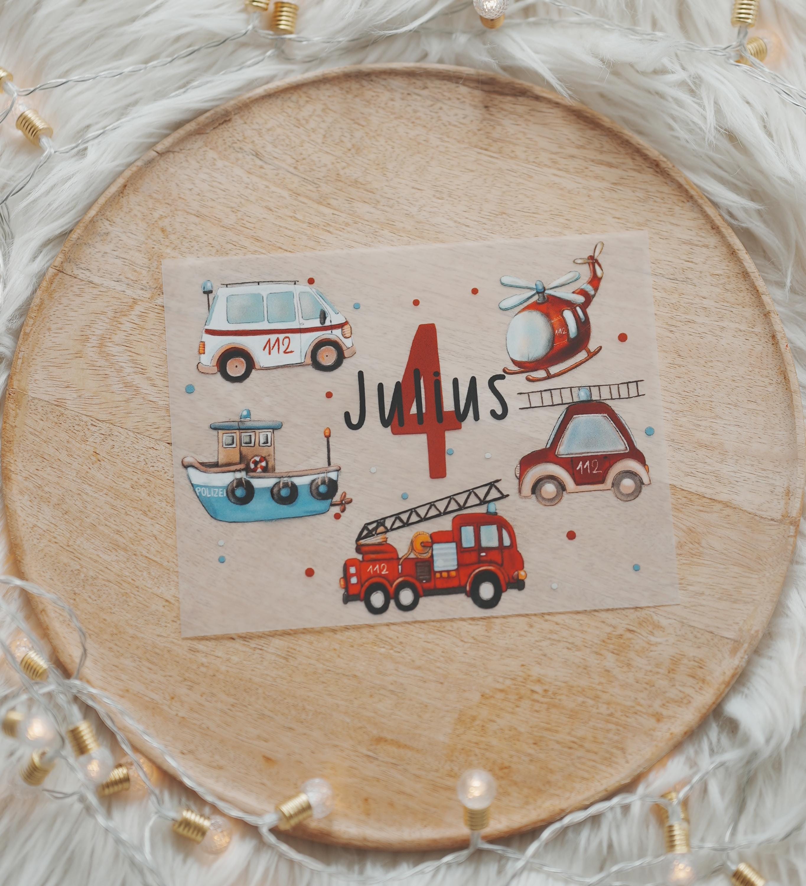 Bügelbild Rettungsfahrzeuge personalisiert – mit Name & Zahl – Feuerwehr Polizei Hubschrauber Geburtstag n Shirt Aufbügler – Appliques & Patches
