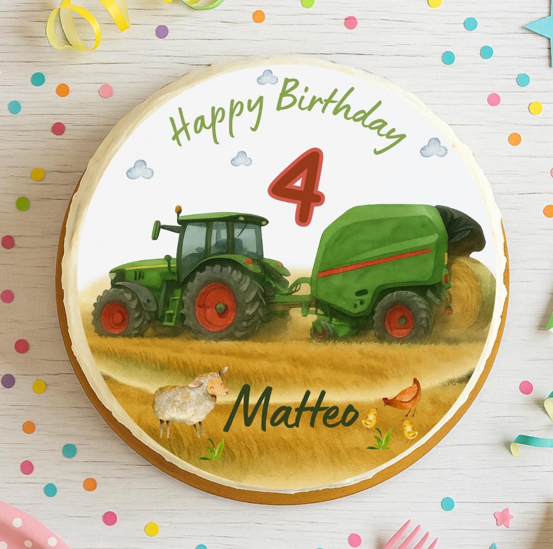 Traktor Tortenaufleger mit Ballenpresse – personalisiert mit Name & Alter – Fondantbild Bauernhof – Geburtstag – essbares – Party Decor